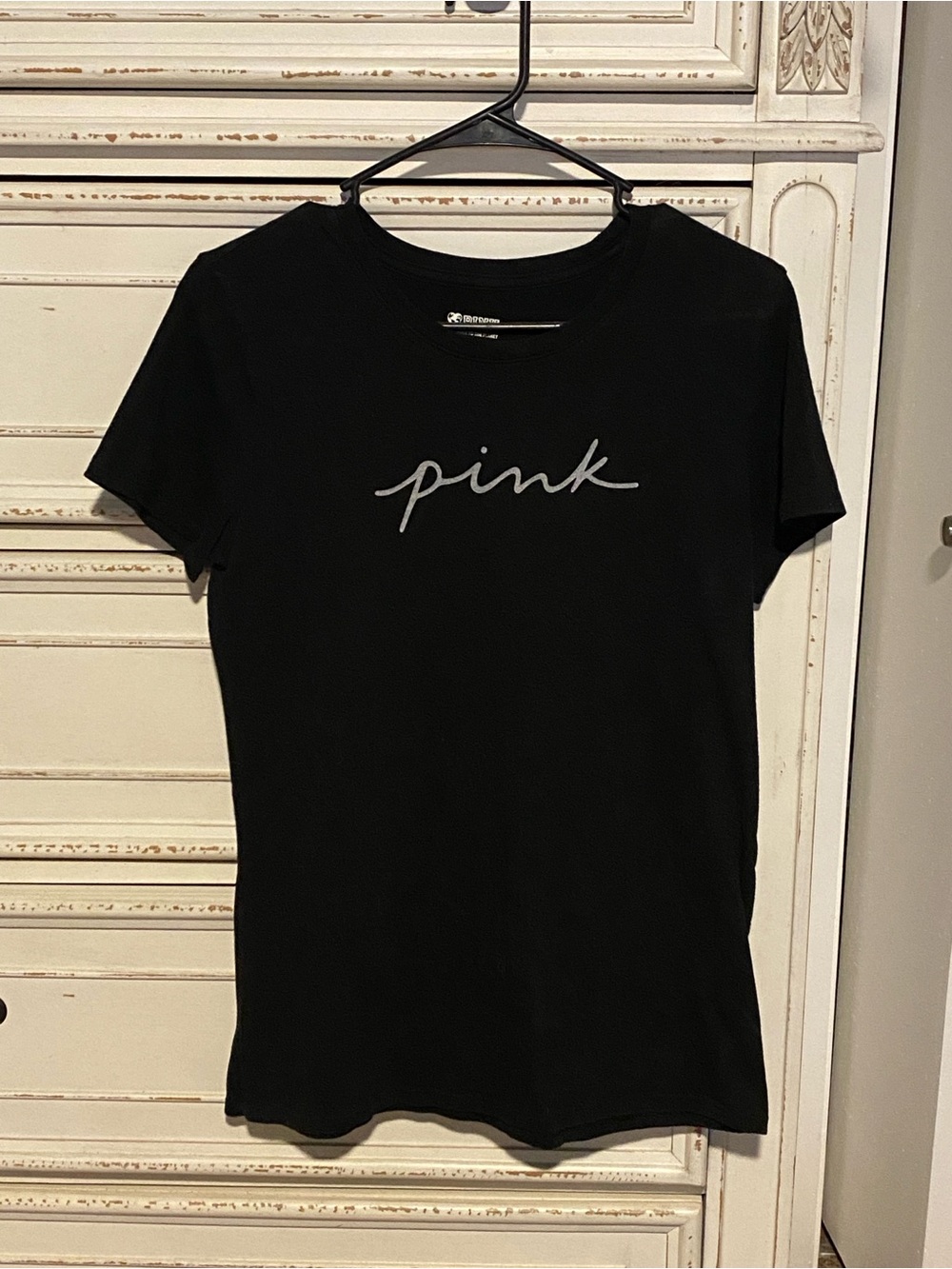 PINK Victoria's Secret Black Tee with Gray Script Logo